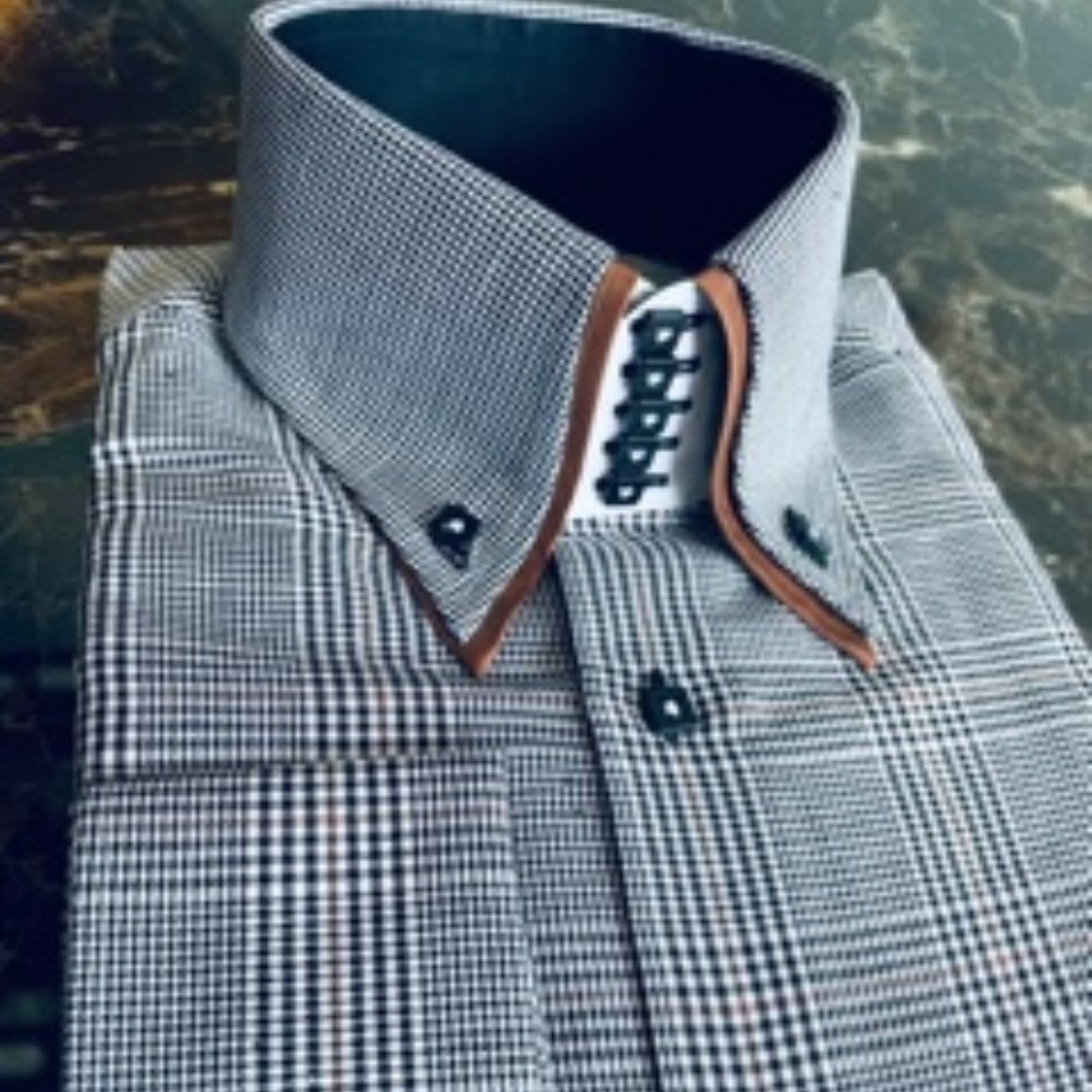 MorCouture Brown Black White Check Double High Collar Shirt - Picture 2 of 3